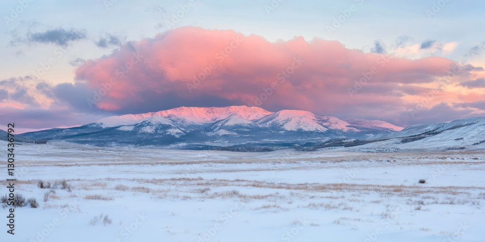 Obraz premium Beautiful snow-covered mountains, a pink sky at sunrise, and stunning clouds create a cinematic