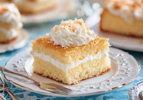 Delicious coconut cream cake slice with fluffy whipped cream topping and toasted coconut flakes on a vintage plate against a soft blue background