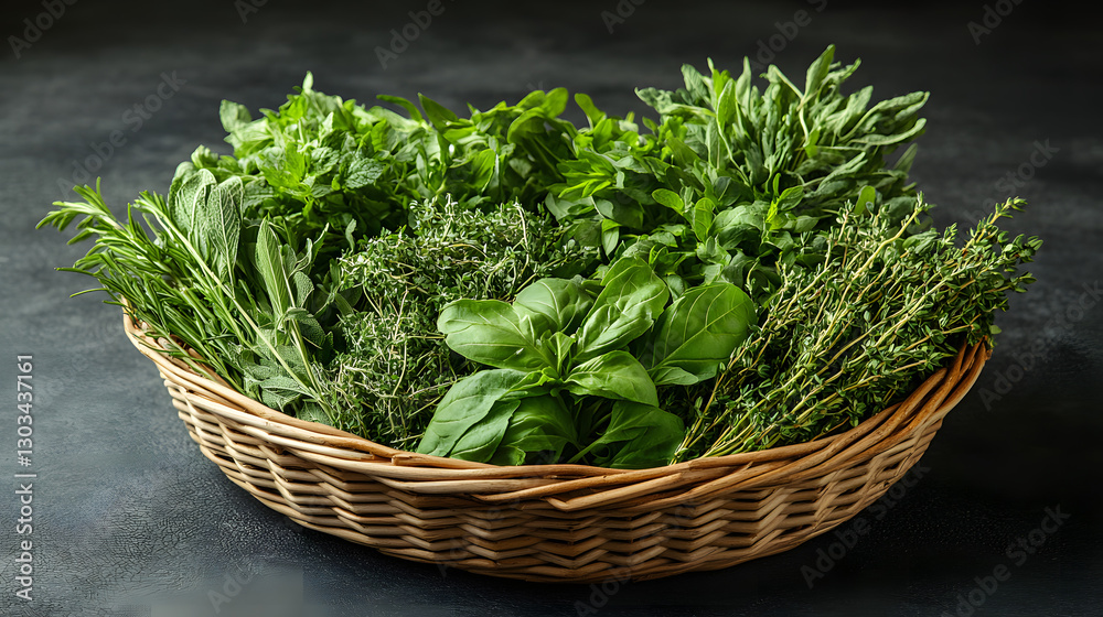 Fresh Organic Herbs and Vegetables in Wicker Basket - Farm Fresh Harvest Photo Concept Fresh Organic Herbs and Vegetables in Wicker Basket - Farm Fresh Harvest Photo Concept