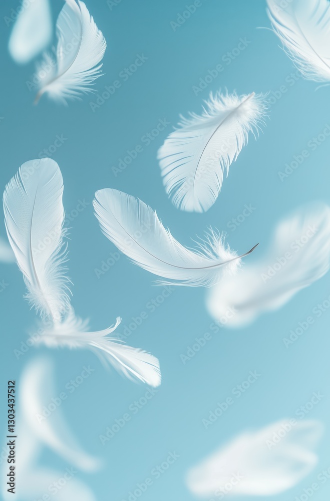 Naklejka premium Floating white feathers on soft blue background