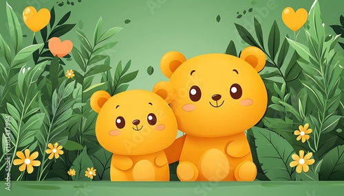 Cute bears in a green garden