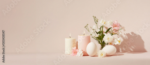 Organic free-range eggs, fresh flowers and candles, soft pastel colors, natural sunlight, light pink background, soft focus, shallow depth of field, eco-friendly Easter. Horizontal layout copy space