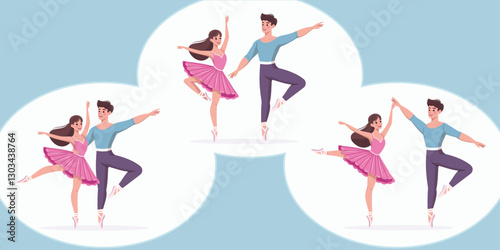 Set with couples of ballerina man and woman dancing on white background. Poster, Banner, Flyer, Greeting Card. Vector illustration in flat cartoon style