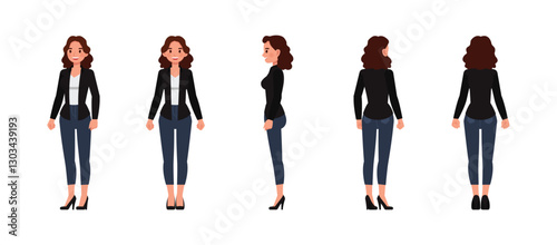 Business woman front, side and back view wear black shirt, long brown curly hair character vector illustration design set. Presentation in various action.