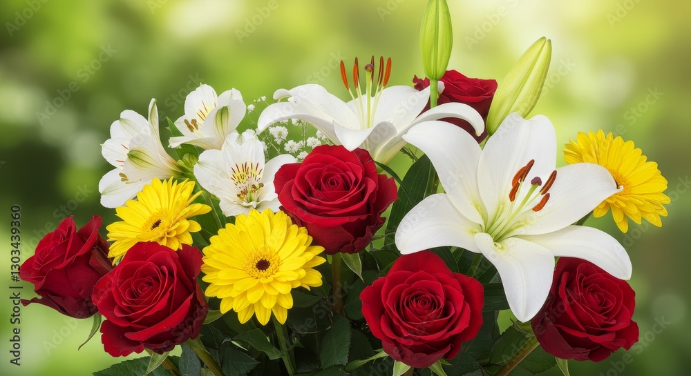 Fototapeta premium Vibrant Bouquet of Flowers - A stunning close-up of a colorful flower arrangement featuring red roses, yellow gerberas, white lilies, and alstroemeria. Perfect for celebrating special occasions