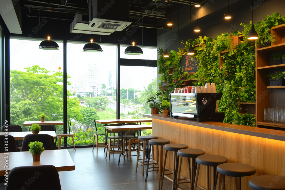 Modern Café with Green Wall and City View