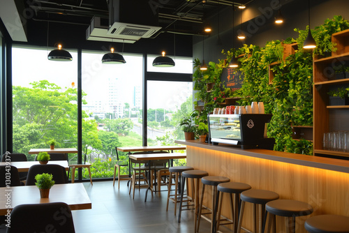 Obraz na płótnie Modern Café with Green Wall and City View w salonie