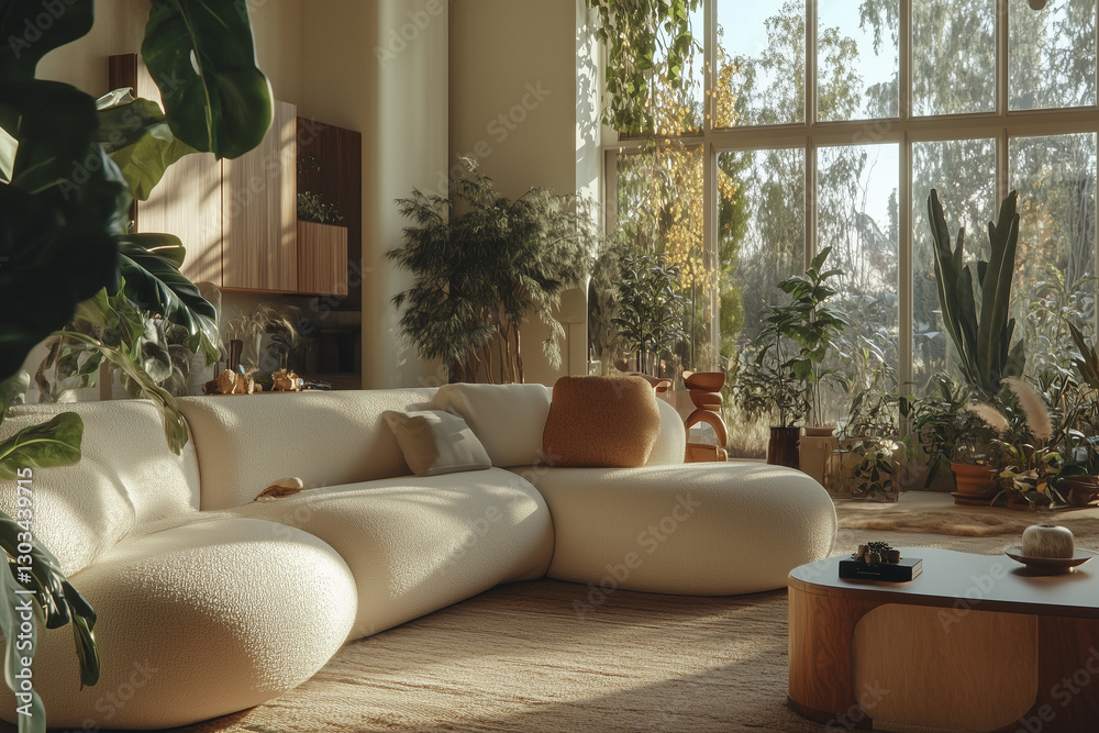 Cozy Sunlit Living Room with Large Windows and Indoor Plants