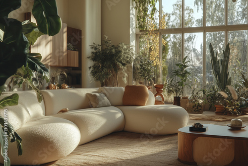Obraz na płótnie Cozy Sunlit Living Room with Large Windows and Indoor Plants w salonie