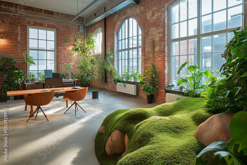 Industrial Loft Office with Green Carpet and Exposed Brick Walls