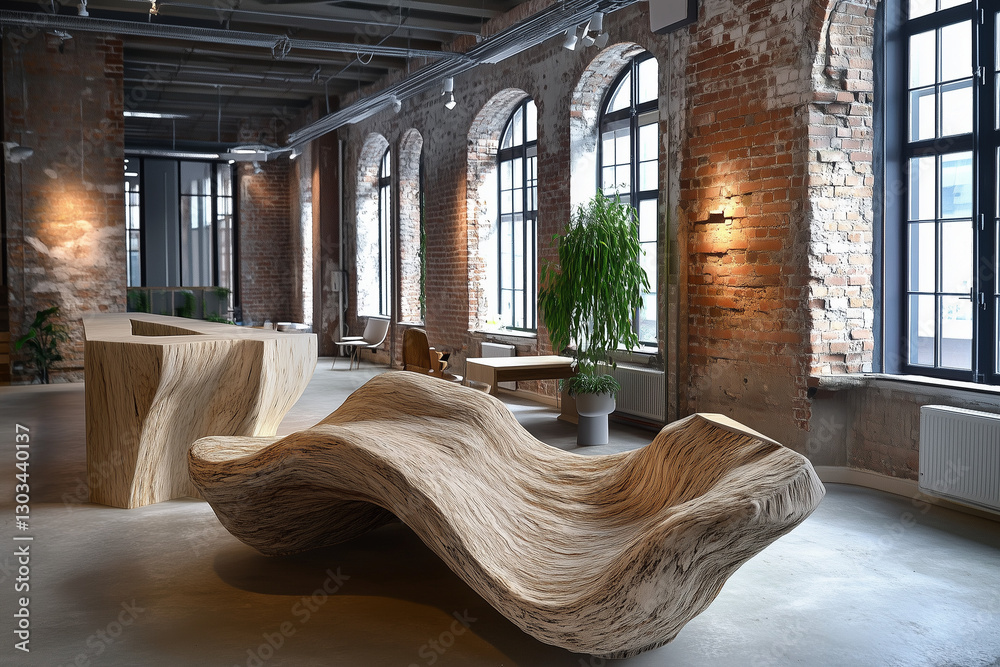 Industrial Loft with Rustic Wooden Furniture and Brick Walls