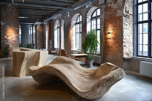 Obraz na płótnie Industrial Loft with Rustic Wooden Furniture and Brick Walls w salonie