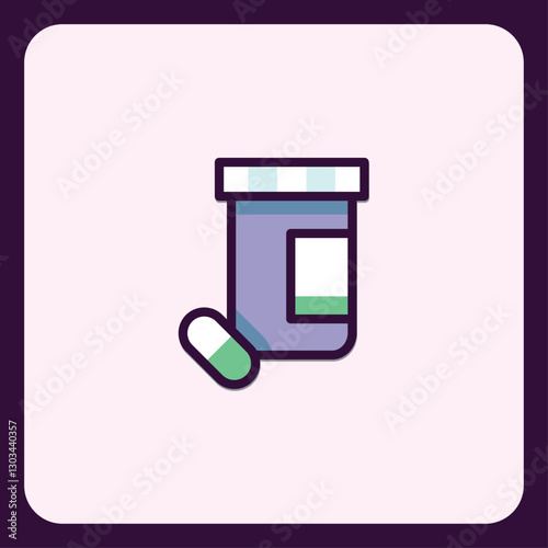 Minimalist icon depicting medicine bottle with a capsule, healthcare symbol