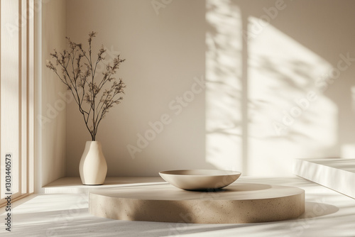 Minimalist Japandi-Style Corner with Shadows and Soft Light