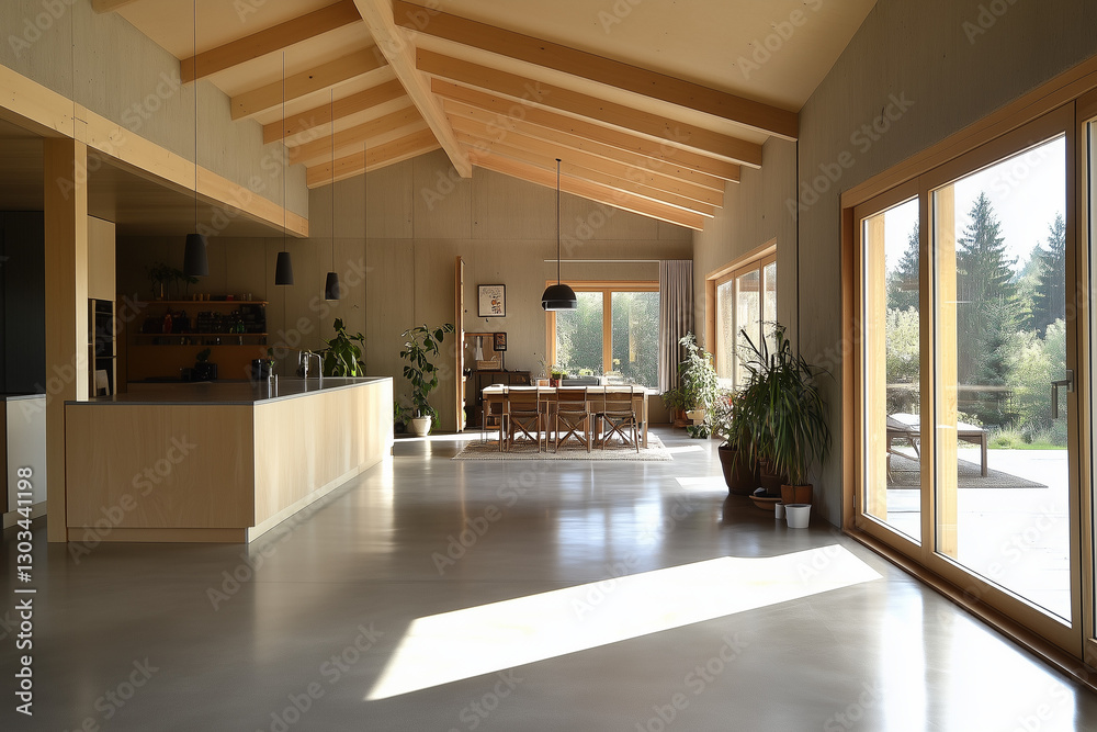 Wooden Beam Ceiling with an Open-Concept Modern Kitchen and Living Area