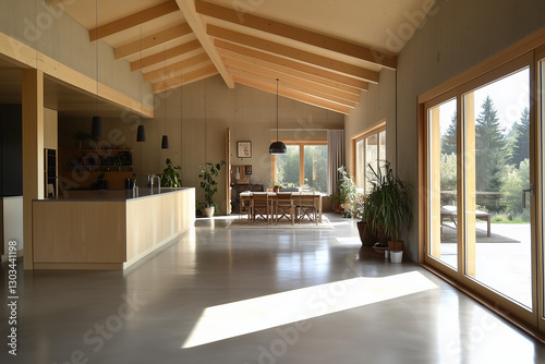 Obraz na płótnie Wooden Beam Ceiling with an Open-Concept Modern Kitchen and Living Area w salonie