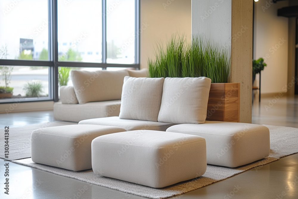 Minimalist Living Room with Soft White Seating and Natural Light