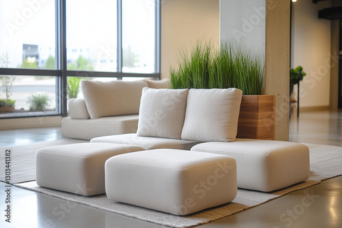 Obraz na płótnie Minimalist Living Room with Soft White Seating and Natural Light w salonie