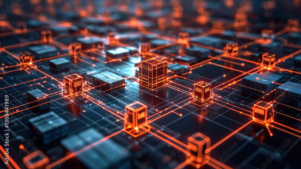 Connected network of factories and warehouses shows a cyber attack spreading through the supply chain with one infected node glowing red