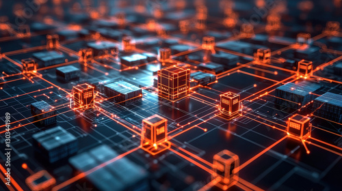 Obraz na płótnie Connected network of factories and warehouses shows a cyber attack spreading through the supply chain with one infected node glowing red w salonie