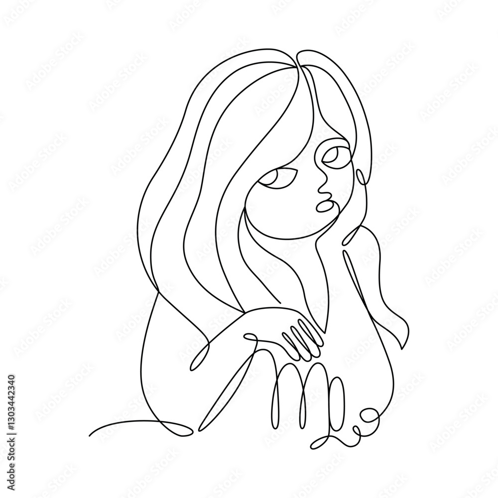 Astrological sign of the zodiac is Virgo, drawn with continuous line in minimalism, abstract, girl head, icon, horoscope symbol , one line, editable vector contour Astrological sign of the zodiac is Virgo, drawn with continuous line in minimalism, abstract, girl head, icon, horoscope symbol , one line, editable vector contour