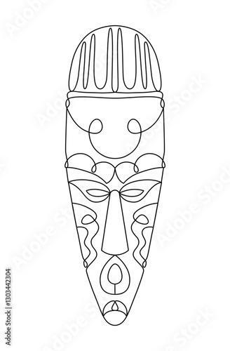 Ethnic Mask, drawn with continuous line in minimalism, abstract, Yoruba Mask, African culture, rituals of worship, cult of ancestors, one line, editable vector contour