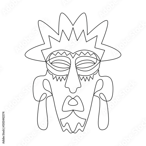 Ethnic Mask, drawn with continuous line in minimalism, abstract, Yoruba Mask, African culture, rituals of worship, cult of ancestors, one line, editable vector contour