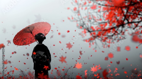 Serene Autumn: A Geisha under Crimson Leaves