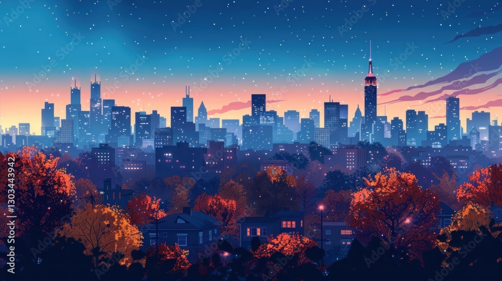 Obraz premium Autumn Evening Cityscape: A Serene Night in the Metropolis