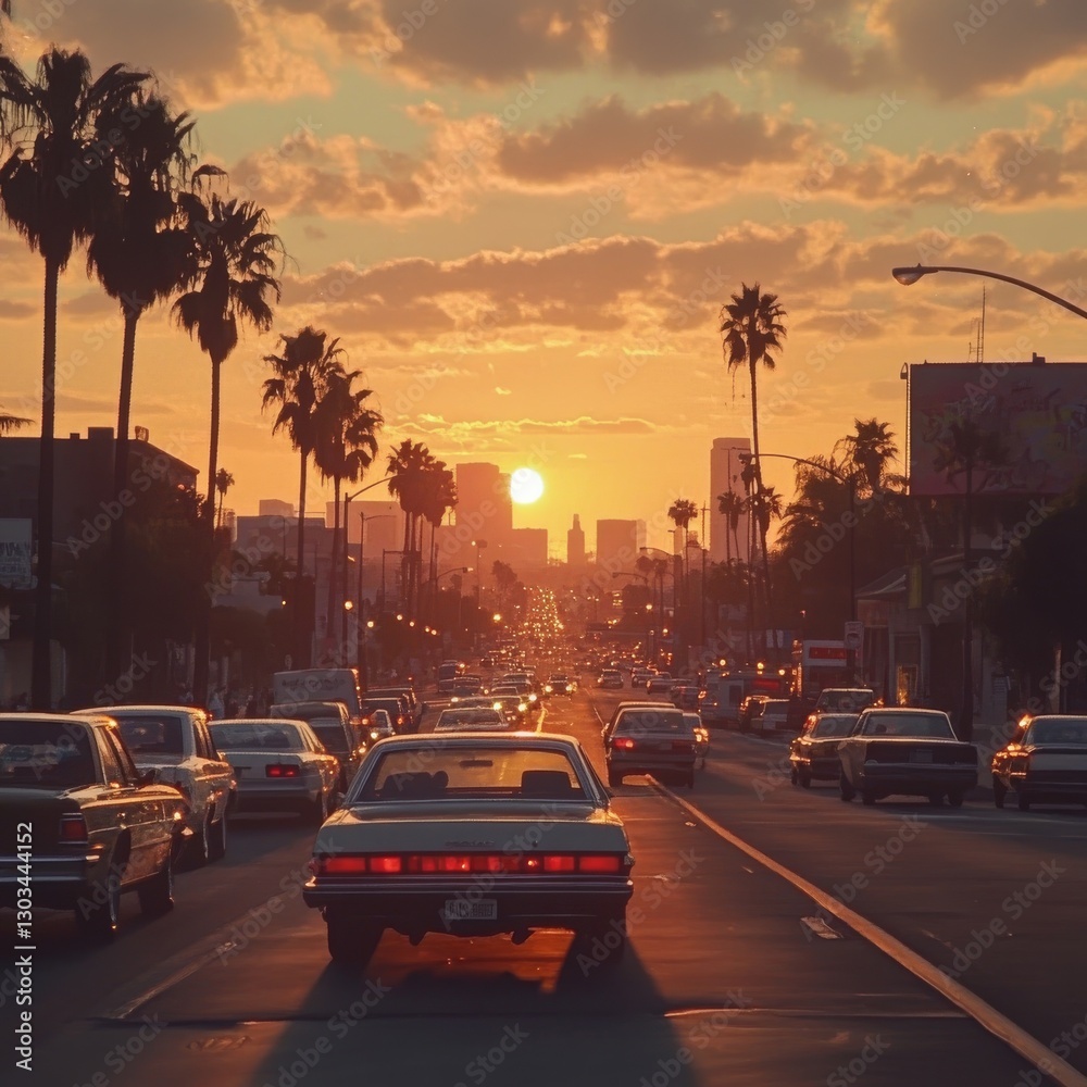 Golden Hour Drive: A Nostalgic View of Traffic on a Palm-Lined Street at Sunset in a Metropolis. Golden Hour Drive: A Nostalgic View of Traffic on a Palm-Lined Street at Sunset in a Metropolis.