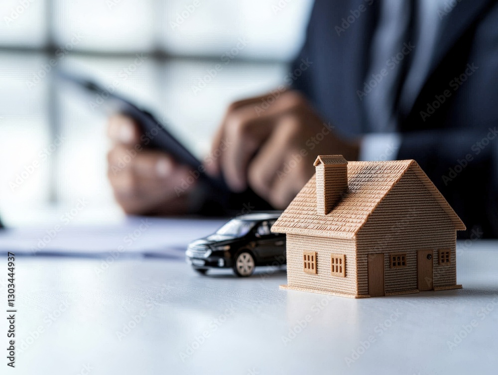 Fototapeta premium Model house and car with businessman using smartphone in background