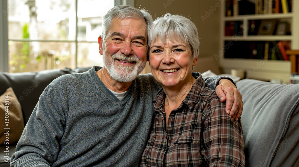 An older couple sitting on a couch smiling at the camera An older couple sitting on a couch smiling at the camera