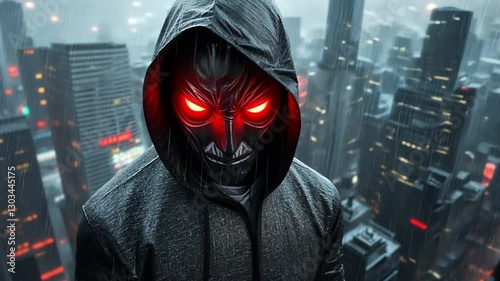 Cybernetic bounty hunter on a ruined skyscraper, scanning a shadowy cityscape with intense glowing red eyes.