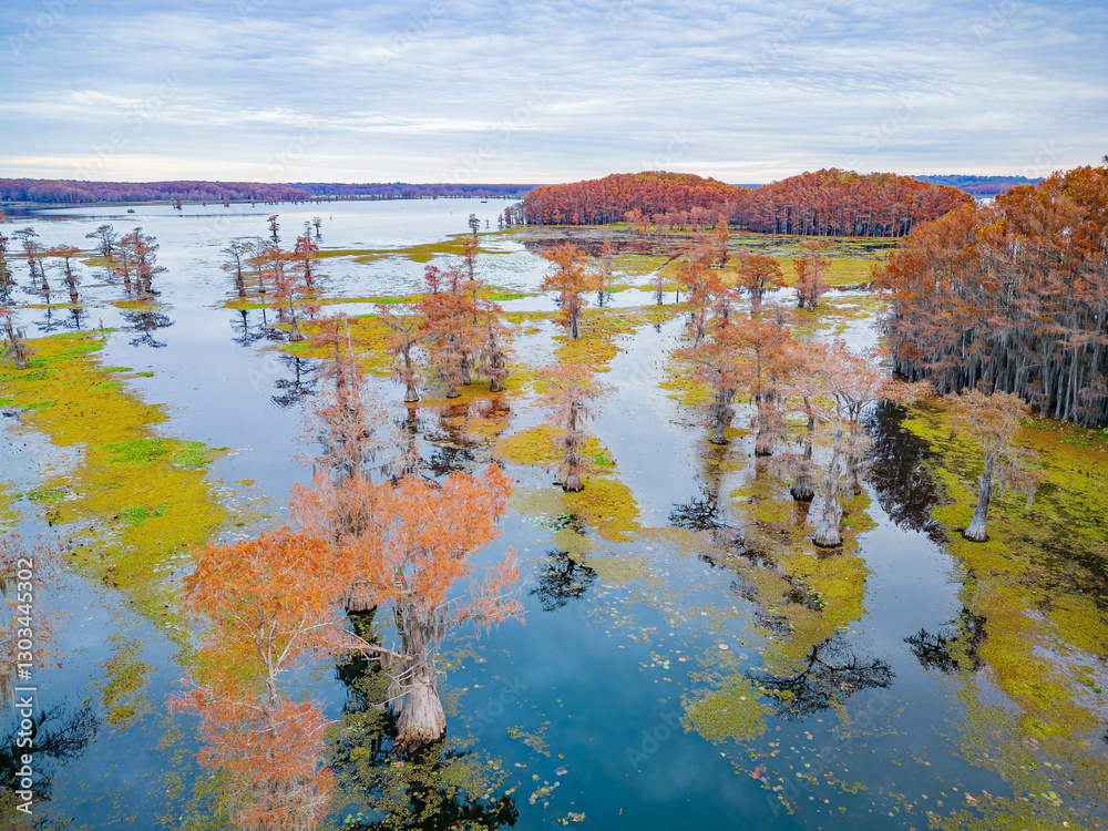 Aerial view of Caddo Lake State Park stunning fall colors.