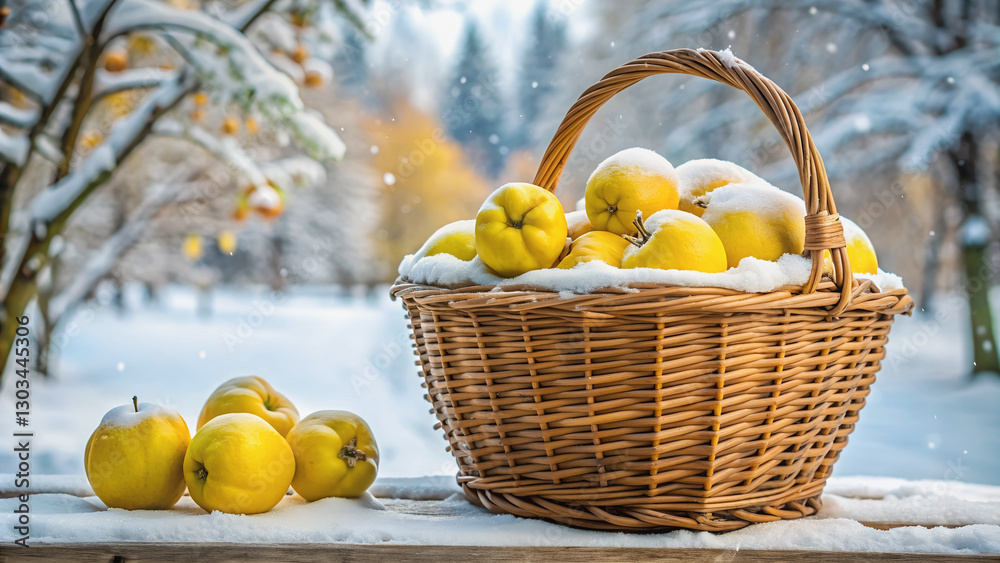 A wicker basket filled with golden quince, dusted with light snow.Golden fruits in a winter wonderland-quince lies in a basket, showing the beauty of a snowy garden.