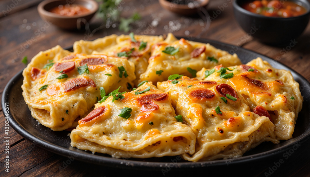 Delicious cheesy ravioli on rustic wooden table Delicious cheesy ravioli on rustic wooden table