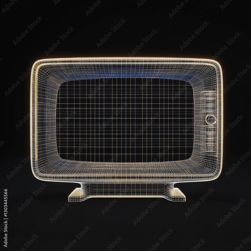 Retro Television Wireframe Design Illuminated on Dark Background, Nostalgic Technology Illustration Retro Television Wireframe Design Illuminated on Dark Background, Nostalgic Technology Illustration
