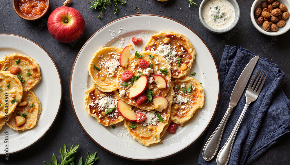Delicious pancakes topped with fruit and nuts on dark background Delicious pancakes topped with fruit and nuts on dark background