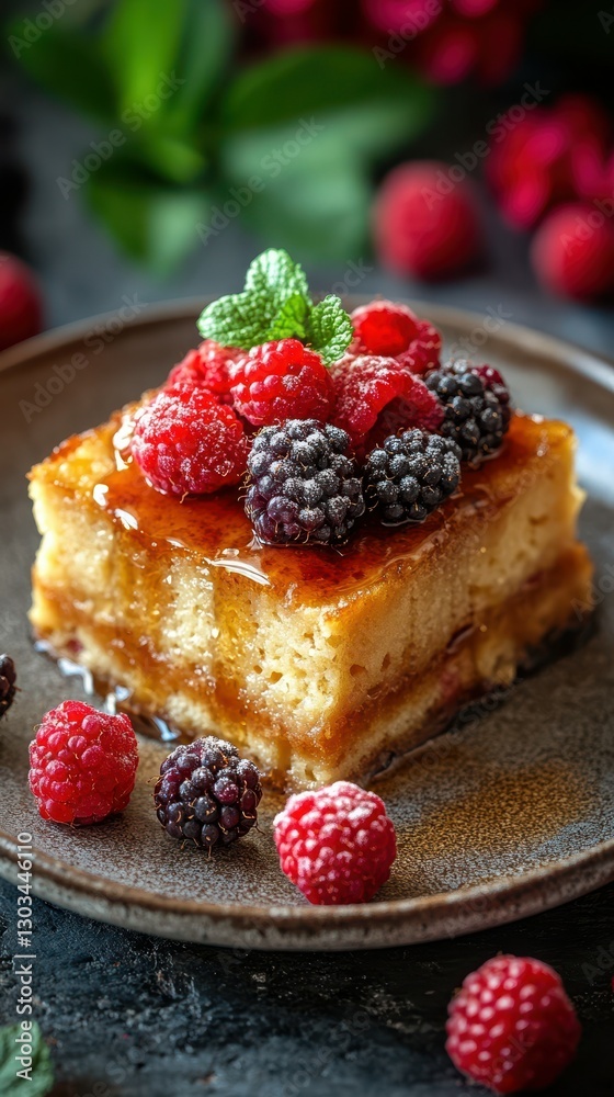 Dessert features a rich cake topped with fresh raspberries and blackberries, offering a delightful treat in an elegant setting Dessert features a rich cake topped with fresh raspberries and blackberries, offering a delightful treat in an elegant setting