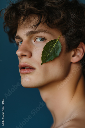 Young man with green leaf on cheek against blue background