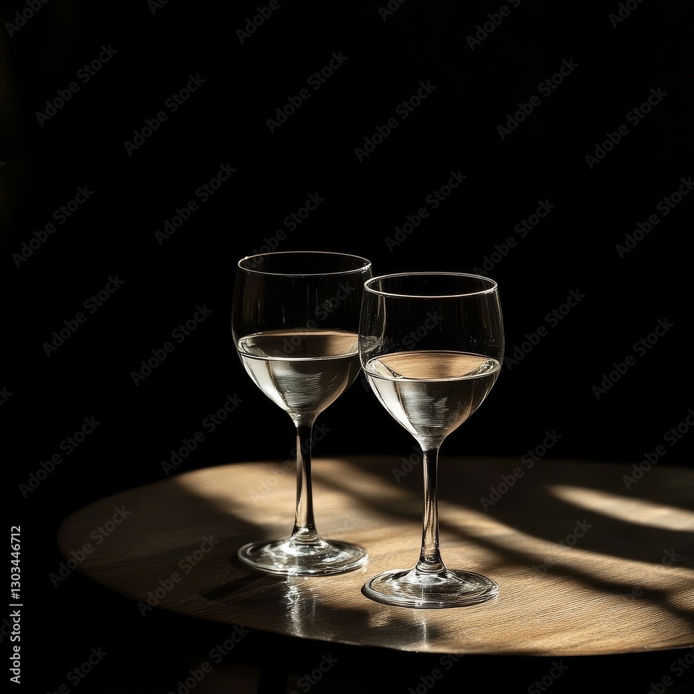 Wine Glasses in Dramatic Light: Two crystal glasses, partially filled, illuminated by a stark beam of light on a dark background. Wine Glasses in Dramatic Light: Two crystal glasses, partially filled, illuminated by a stark beam of light on a dark background.