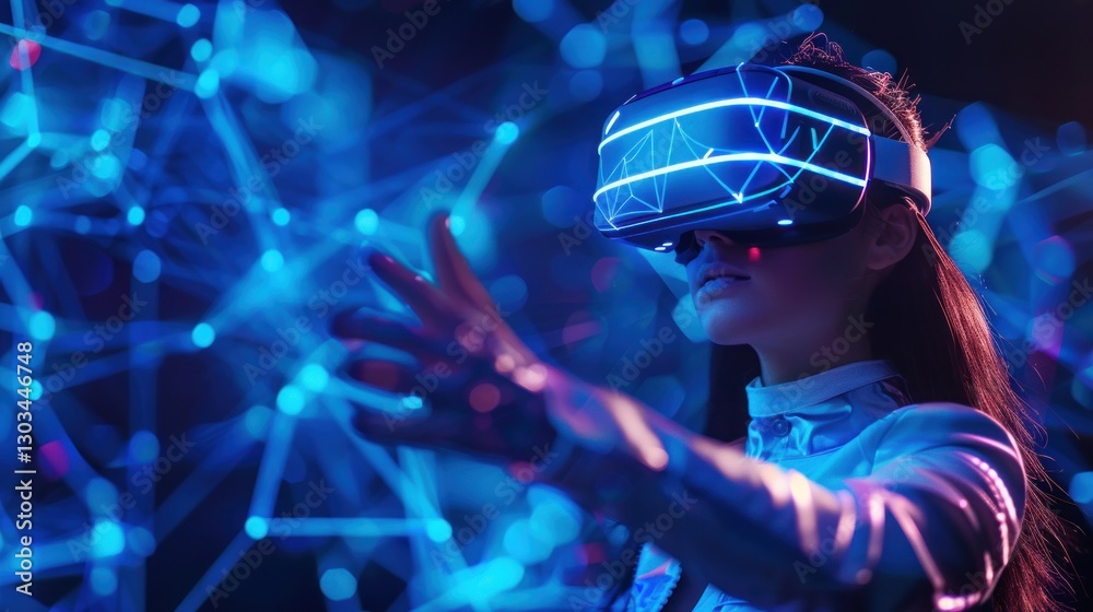 Immersive Virtual Reality Experience: A Woman Exploring a Digital Metaverse Immersive Virtual Reality Experience: A Woman Exploring a Digital Metaverse