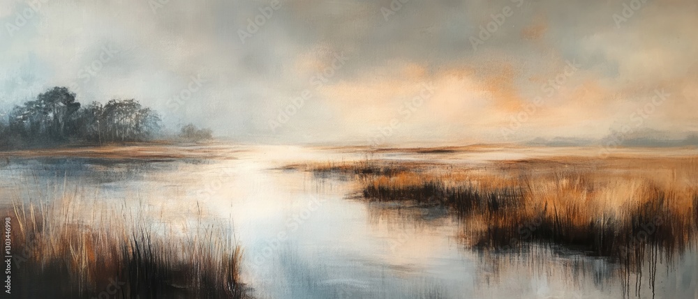Serene landscape capturing soft light over a tranquil wetland with rich colors. Serene landscape capturing soft light over a tranquil wetland with rich colors.