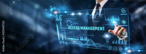 Access Management: Businessman analyzing digital screen of graph data and user authentication, identity verification, role-based access, cybersecurity, and data protection.
