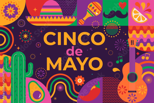 Cinco de Mayo,tile banner with geometric simple symbols of holiday-pepper,margarita,guitar,sombrero on background with fireworks.Flyer for advertise,web,social media,design, marketing and print.Vector