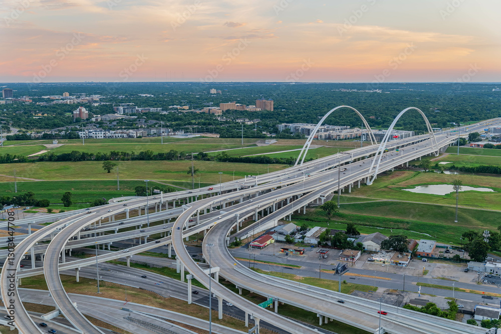 Sunset high angle view of the Margaret McDermott Bridge