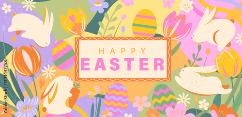 Banner for Happy Easter with cute hand drawn elements and symbols of holiday, easter bunnies, decorated eggs, flowers and text greeting. Template for web, social media ads,congrats, invitations.Vector