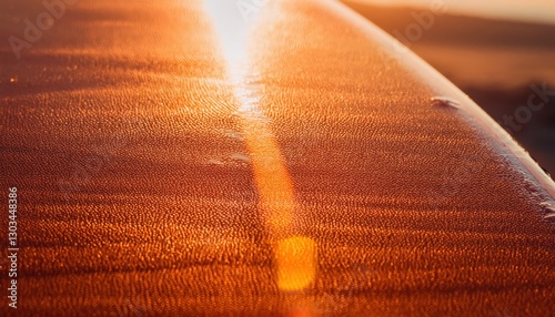 Macro photograph of a surfboard’s waxed surface, showing the gritty texture under golden sunlight with warm highlights and sandy details.
