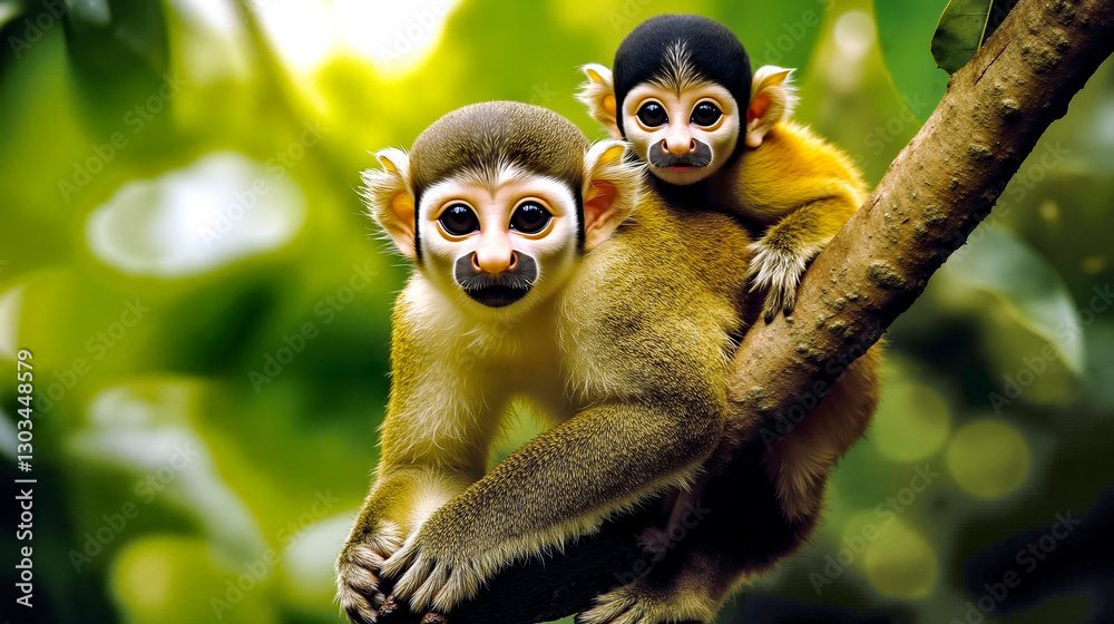 Obraz premium A couple of monkeys sitting on top of a tree branch