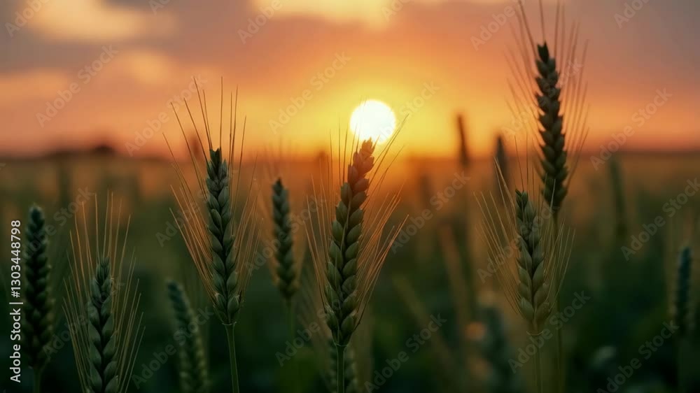 Sustainability wheat field at sunset, showcasing golden ears against a dramatic sky Sustainability wheat field at sunset, showcasing golden ears against a dramatic sky